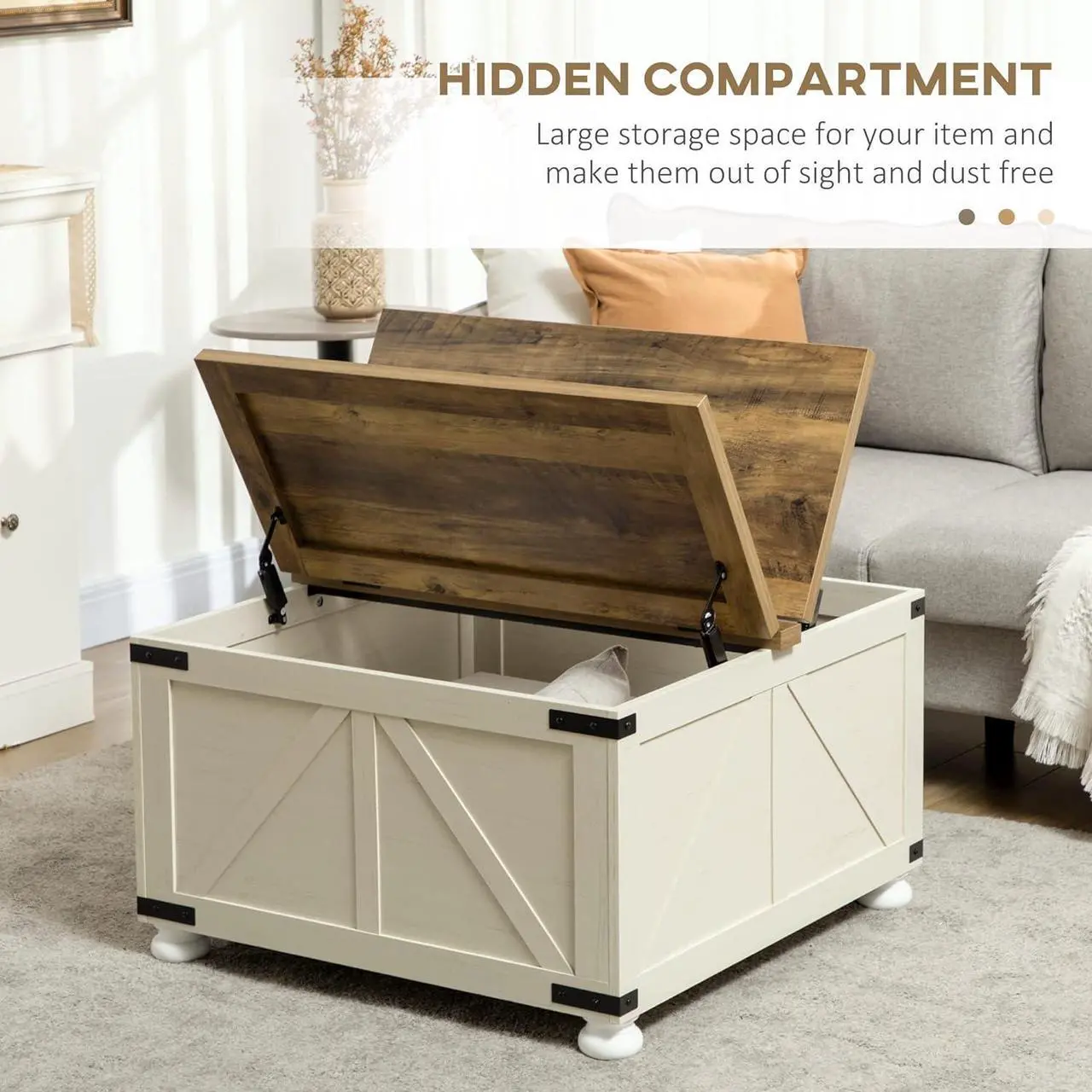 Alt view image 4 of 7 - HOMCOM Farmhouse Coffee Table with Storage, Square Coffee Table for Living Room, Wooden Center Table with Hinged Lift Top and Hidden Space, Antique White