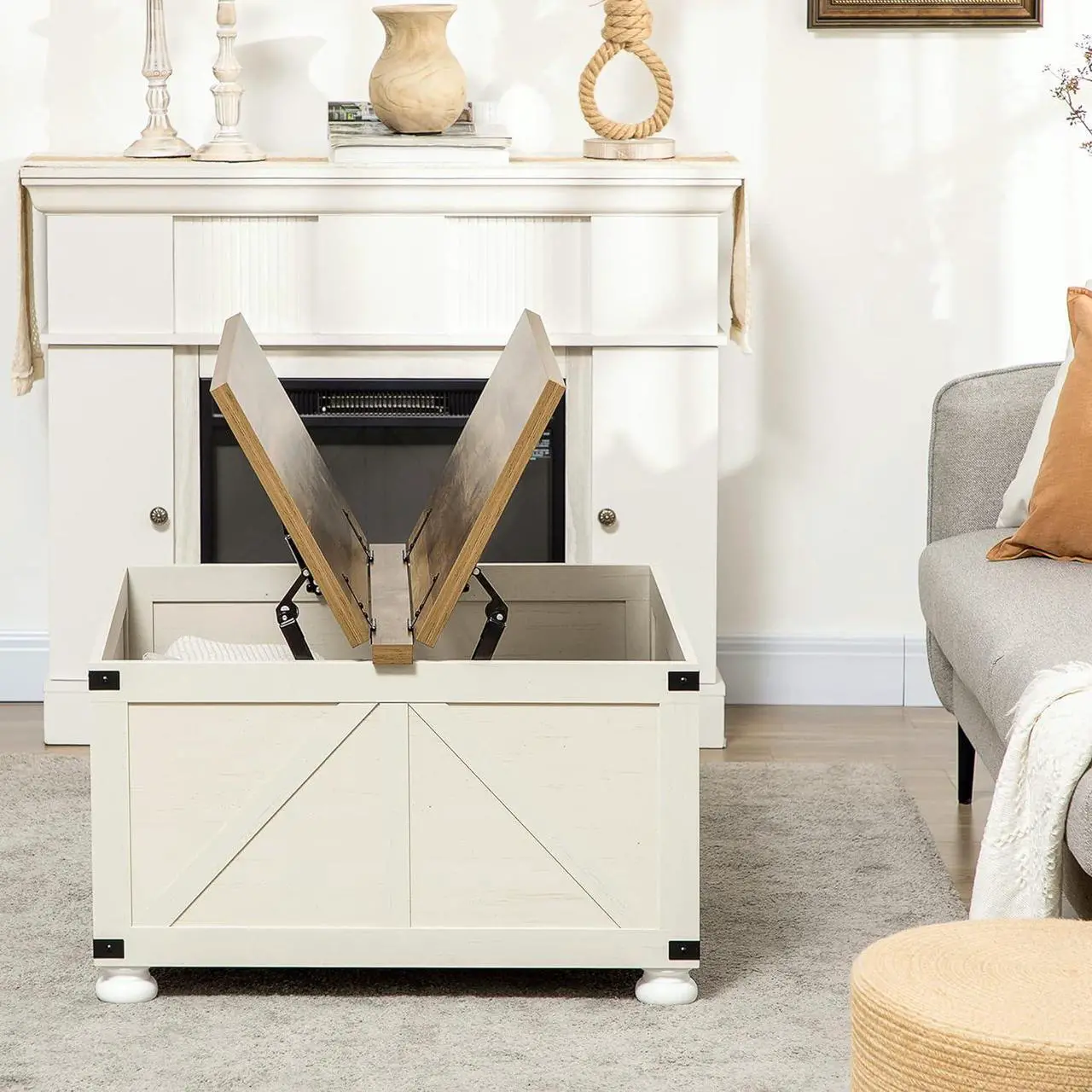 Alt view image 7 of 7 - HOMCOM Farmhouse Coffee Table with Storage, Square Coffee Table for Living Room, Wooden Center Table with Hinged Lift Top and Hidden Space, Antique White