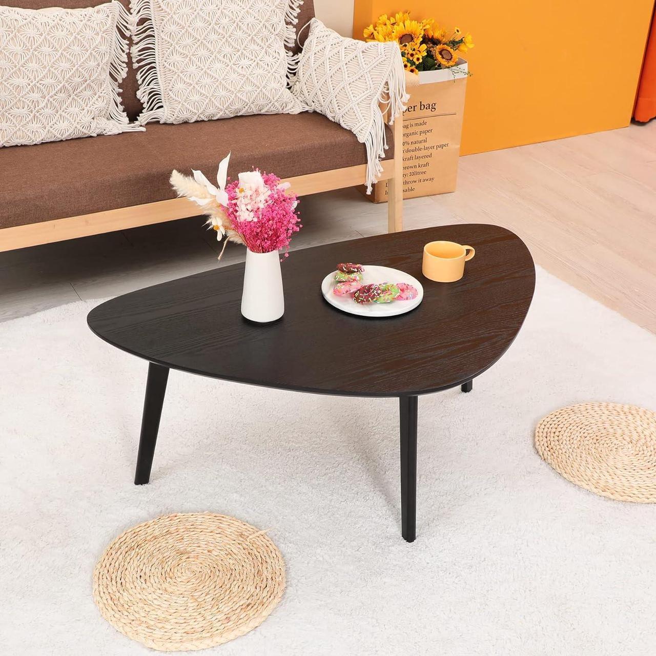 Alt view image 2 of 7 - Wood Coffee Table Small Oval Coffee Tables Mid Century Modern Chic for Small Spaces Living Room Rustic Boho Accent,Natural Wooden Texture,Triangle Tabletop,Oak Leg,Easy Assembly,Black 38.5"