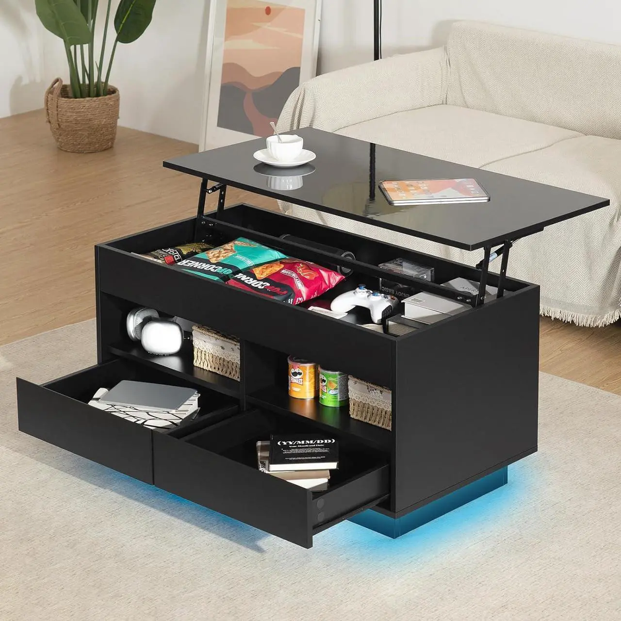 Main image of HOMMPA Lift Top Coffee Table with Storage LED Coffee Table Morden High Gloss Black Living Room 4 Tiers Modern Tea Table with Storage Center Tables Hidden Compartment & 2 Open Shelve & 2 Drawers