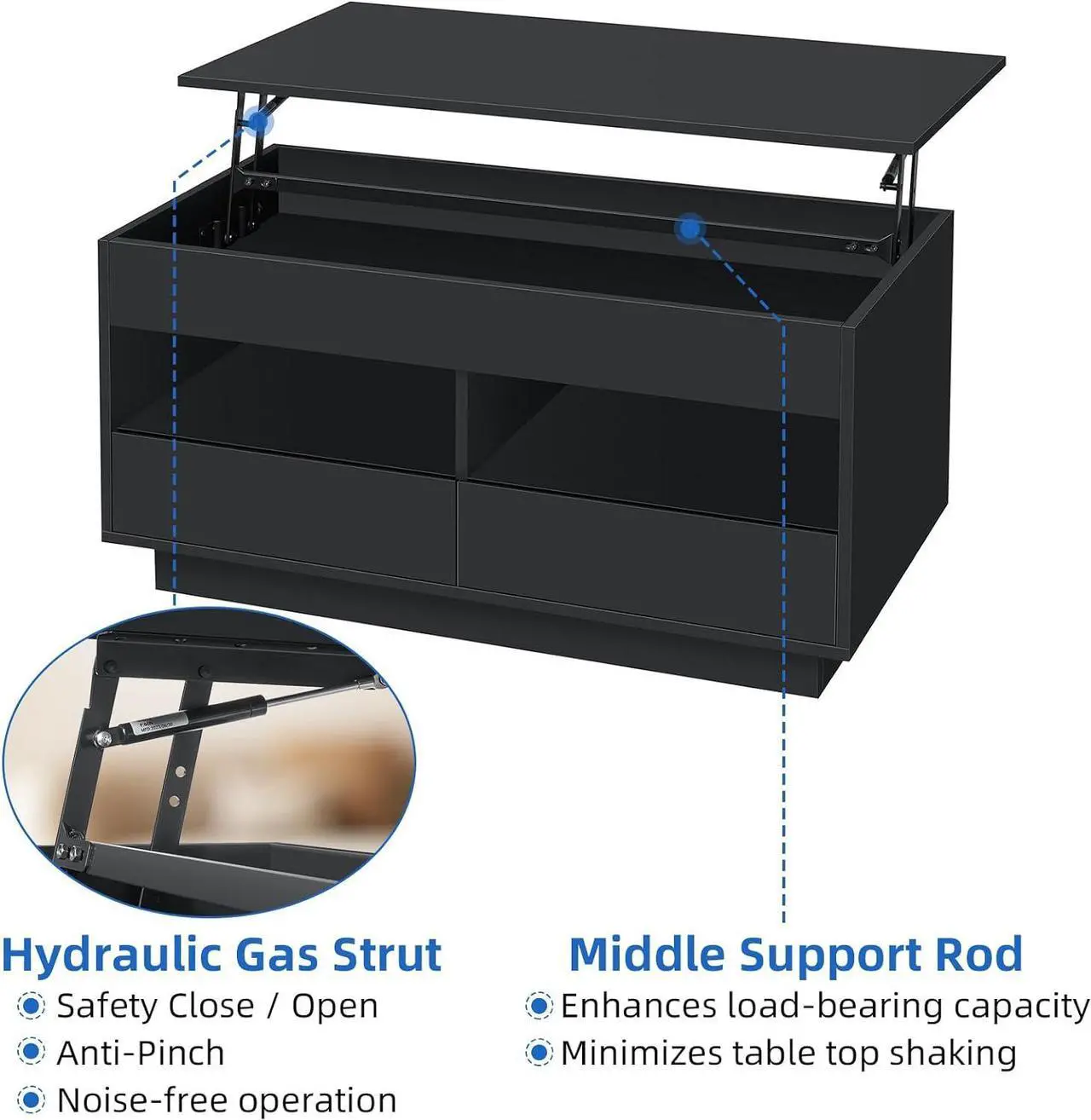 Alt view image 4 of 7 - HOMMPA Lift Top Coffee Table with Storage LED Coffee Table Morden High Gloss Black Living Room 4 Tiers Modern Tea Table with Storage Center Tables Hidden Compartment & 2 Open Shelve & 2 Drawers