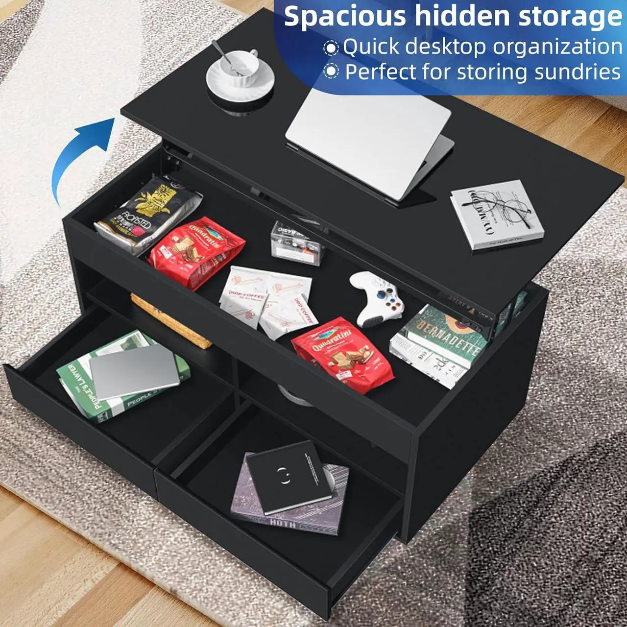 Alt view image 5 of 7 - HOMMPA Lift Top Coffee Table with Storage LED Coffee Table Morden High Gloss Black Living Room 4 Tiers Modern Tea Table with Storage Center Tables Hidden Compartment & 2 Open Shelve & 2 Drawers