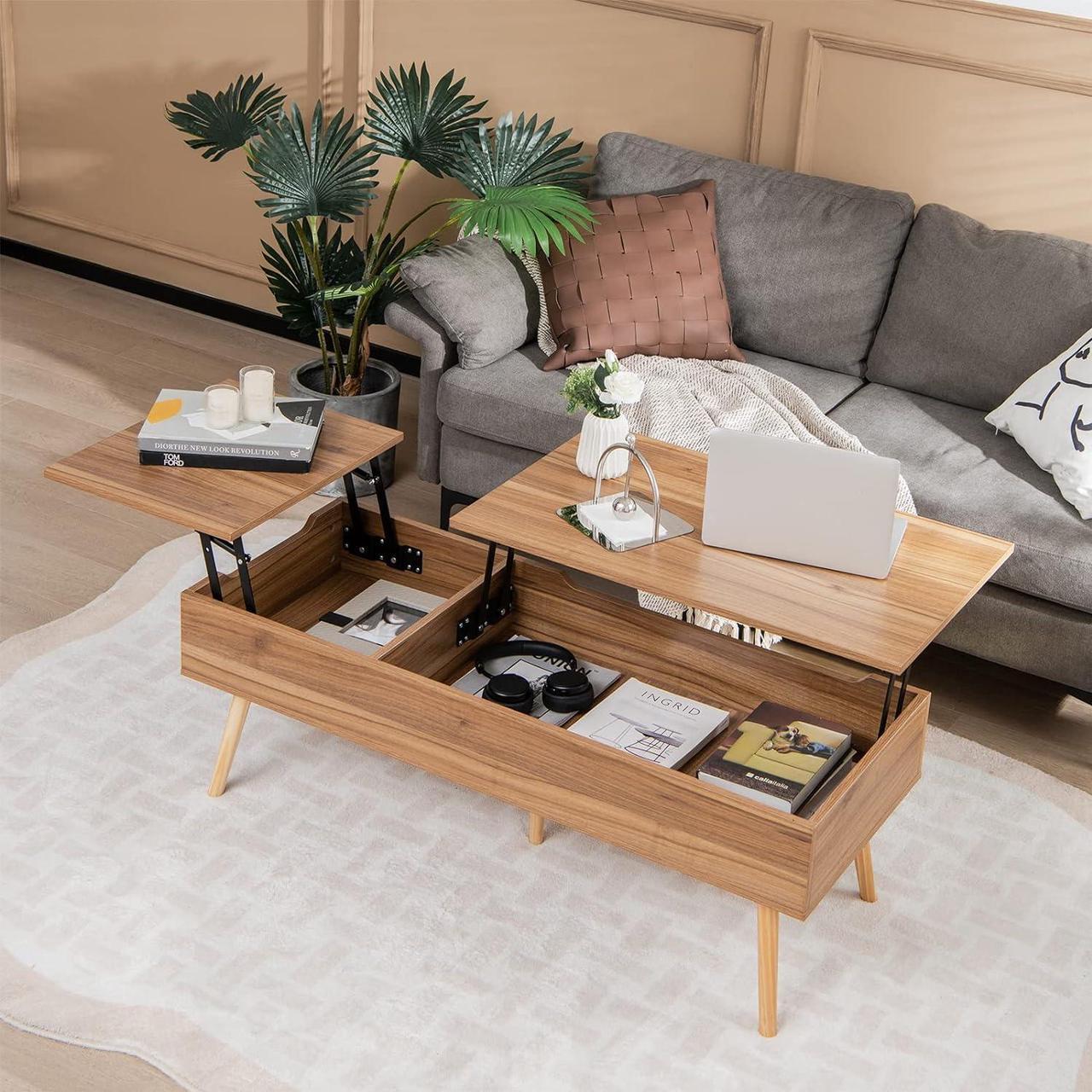 Alt view image 2 of 7 - Tangkula 47 Inch Lift Top Coffee Table with Storage, Large Split Top Accent Table with Pneumatic Rods, 2 Hidden Compartments & 5 Solid Wood Legs, Center Table for Living Room (Brown)