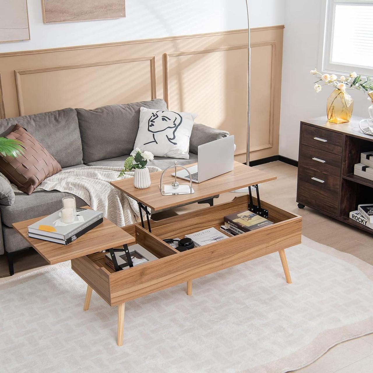 Alt view image 5 of 7 - Tangkula 47 Inch Lift Top Coffee Table with Storage, Large Split Top Accent Table with Pneumatic Rods, 2 Hidden Compartments & 5 Solid Wood Legs, Center Table for Living Room (Brown)