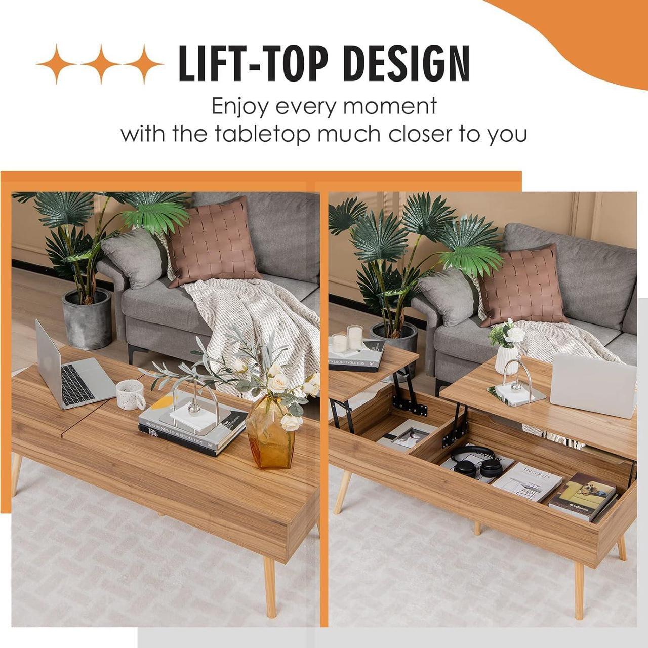 Alt view image 6 of 7 - Tangkula 47 Inch Lift Top Coffee Table with Storage, Large Split Top Accent Table with Pneumatic Rods, 2 Hidden Compartments & 5 Solid Wood Legs, Center Table for Living Room (Brown)