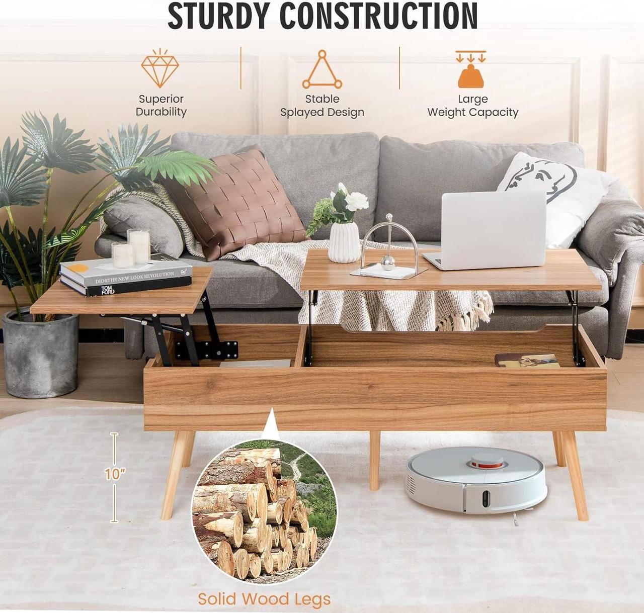 Alt view image 7 of 7 - Tangkula 47 Inch Lift Top Coffee Table with Storage, Large Split Top Accent Table with Pneumatic Rods, 2 Hidden Compartments & 5 Solid Wood Legs, Center Table for Living Room (Brown)