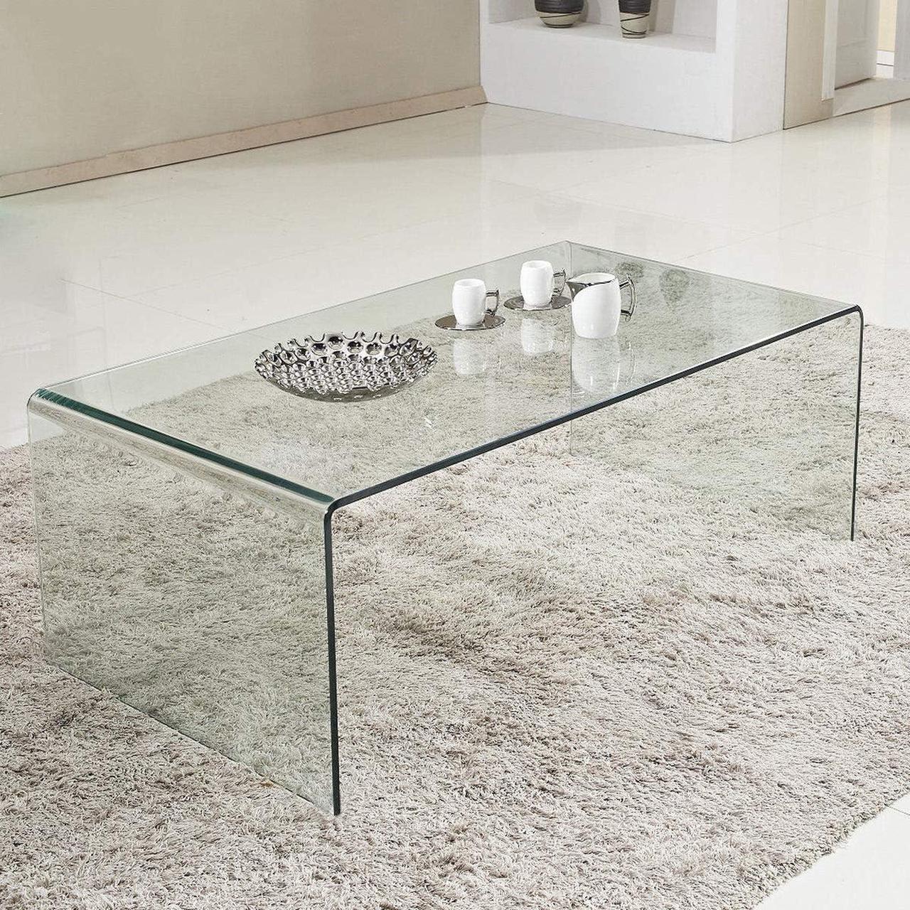Alt view image 4 of 7 - Tangkula Tempered Glass Coffee, Clear Coffee Table, Waterfall Rectangle Coffee Table for Living Room, Cocktail Tea Table with Rounded Edges