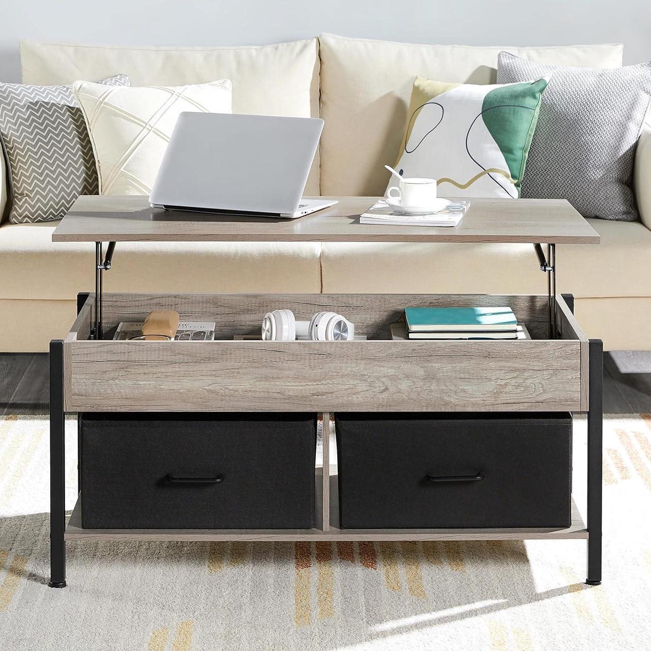 Alt view image 4 of 7 - Topeakmart Lift Top Coffee Table with Hidden Storage Compartment Shelves and 2 Fabric Baskets, Retro Central Table with Wooden Lift-up Tabletop for Living Room Reception Room, Gray
