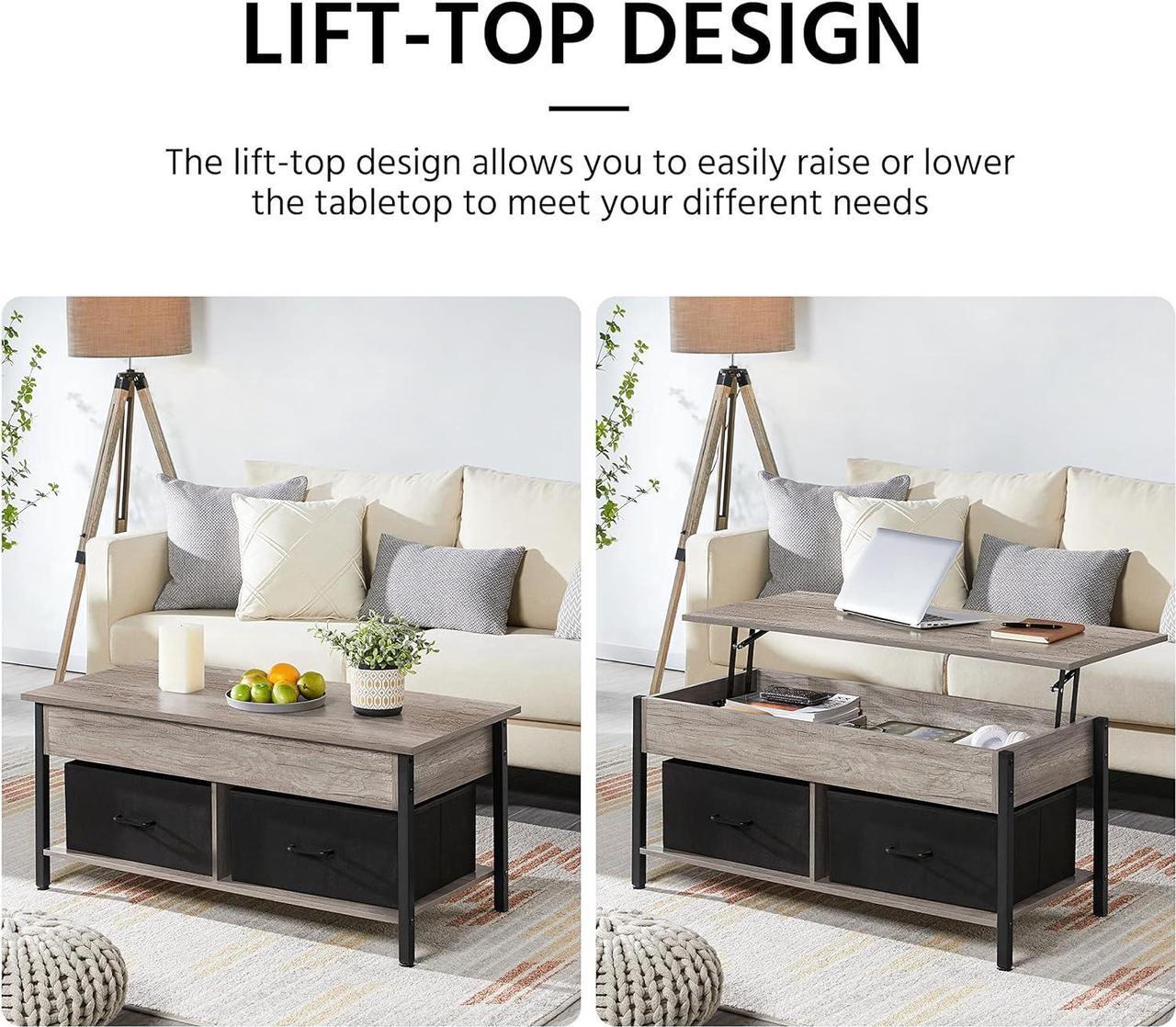 Alt view image 5 of 7 - Topeakmart Lift Top Coffee Table with Hidden Storage Compartment Shelves and 2 Fabric Baskets, Retro Central Table with Wooden Lift-up Tabletop for Living Room Reception Room, Gray