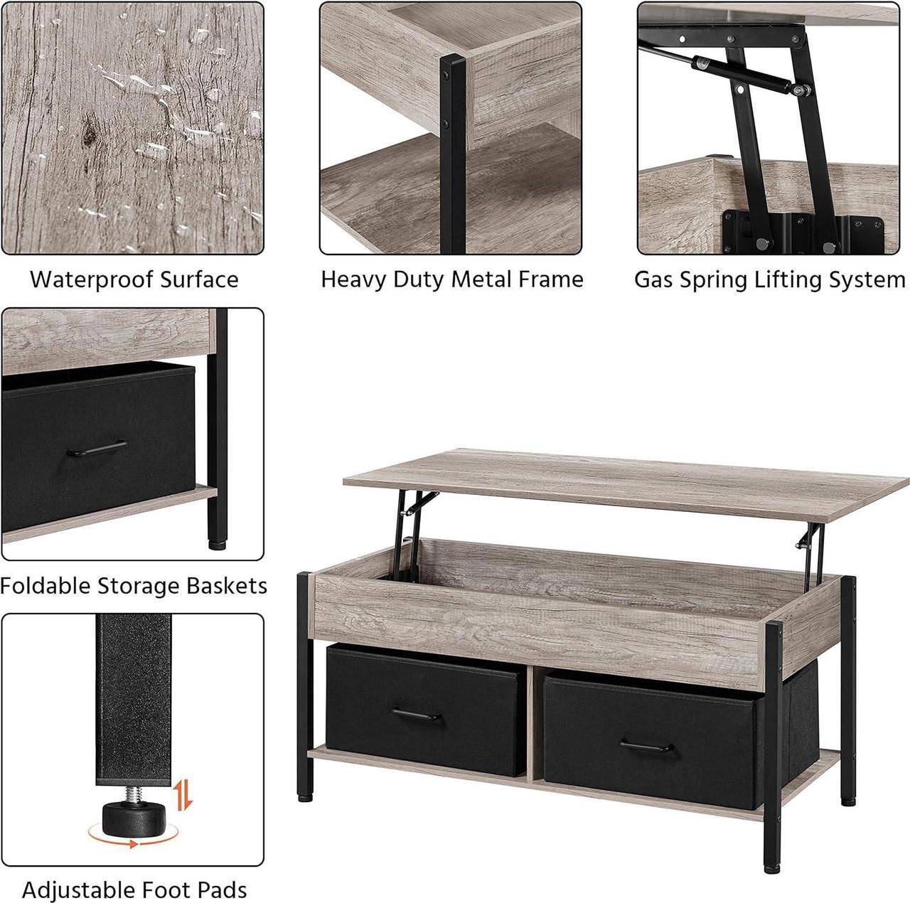 Alt view image 6 of 7 - Topeakmart Lift Top Coffee Table with Hidden Storage Compartment Shelves and 2 Fabric Baskets, Retro Central Table with Wooden Lift-up Tabletop for Living Room Reception Room, Gray