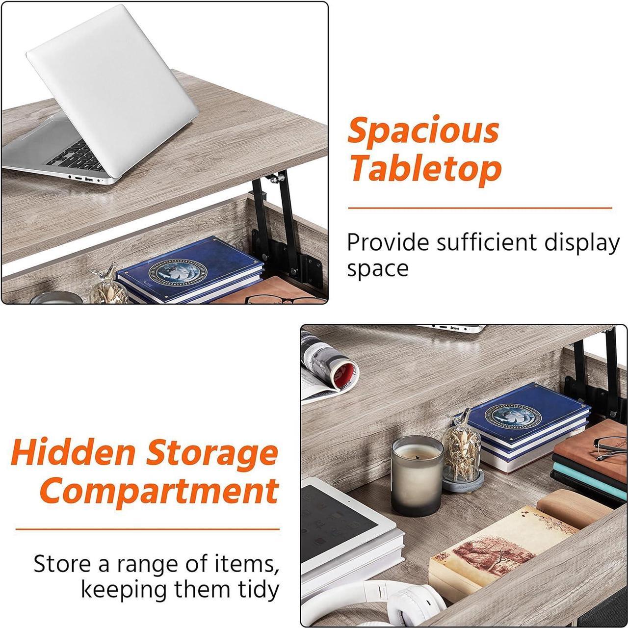 Alt view image 7 of 7 - Topeakmart Lift Top Coffee Table with Hidden Storage Compartment Shelves and 2 Fabric Baskets, Retro Central Table with Wooden Lift-up Tabletop for Living Room Reception Room, Gray