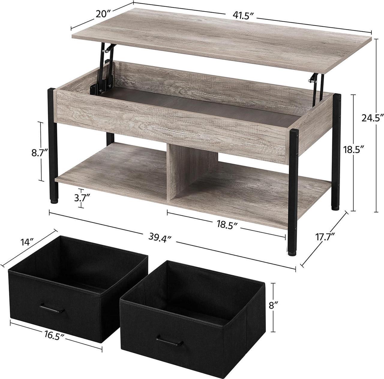 Alt view image 3 of 7 - Topeakmart Lift Top Coffee Table with Hidden Storage Compartment Shelves and 2 Fabric Baskets, Retro Central Table with Wooden Lift-up Tabletop for Living Room Reception Room, Gray