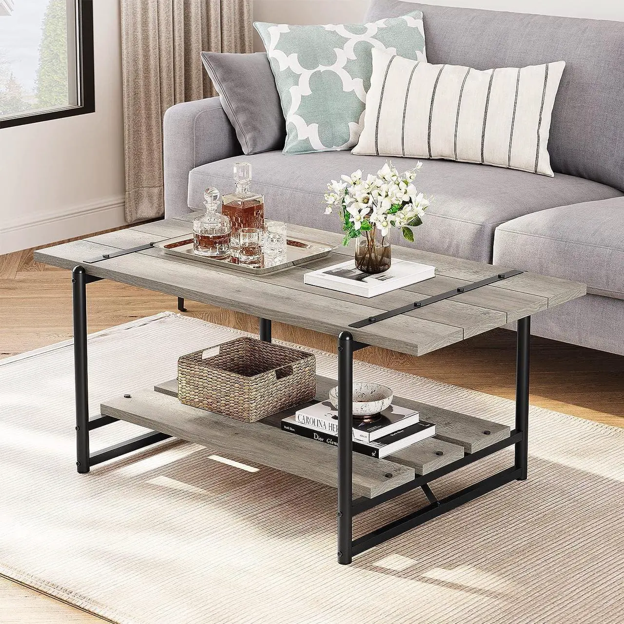 Main image of 2-Tier Farmhouse 41'' Large Gray Wood Coffee Table with Storage Shelf -Modern Rustic Metal Rectangle Center Living Room Coffee Table Accent Furniture for Home Office,Easy Assembly(Grey)