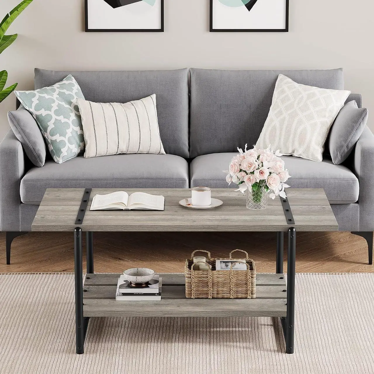 Alt view image 4 of 7 - 2-Tier Farmhouse 41'' Large Gray Wood Coffee Table with Storage Shelf -Modern Rustic Metal Rectangle Center Living Room Coffee Table Accent Furniture for Home Office,Easy Assembly(Grey)