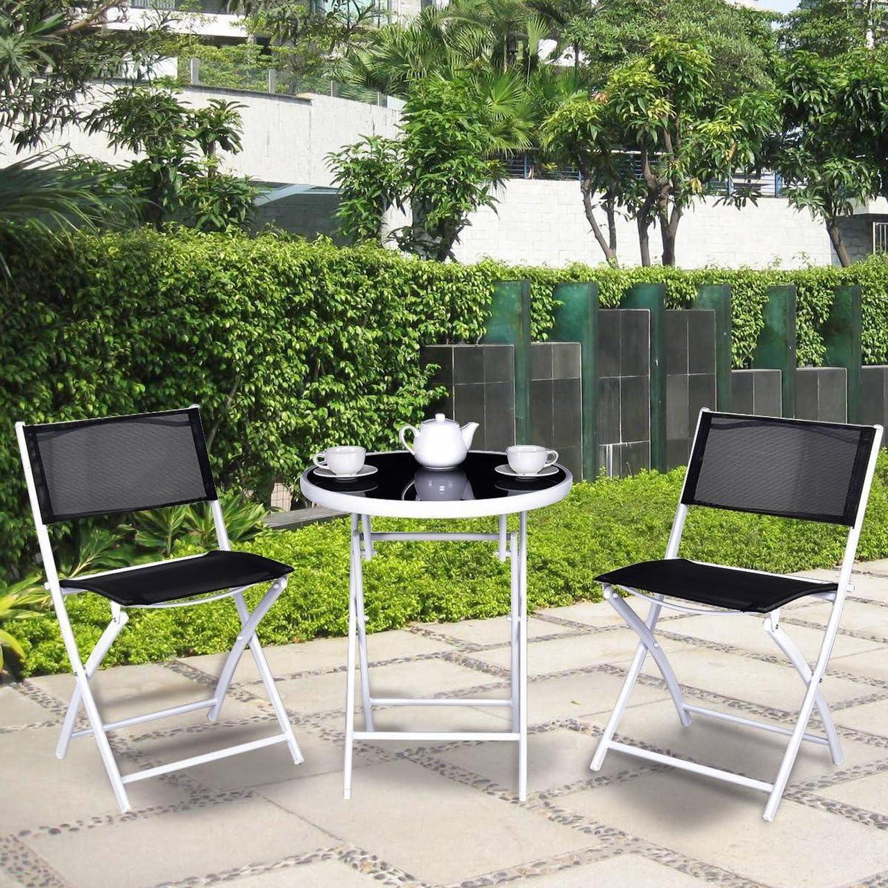 Alt view image 4 of 7 - Giantex Bistro Table Set, 3 Piece Patio Bistro Set, Outdoor Folding Table and Chairs, Foldable Patio Dining Set, Porch Furniture Set Garden Backyard Metal Frame No Assembly, Black