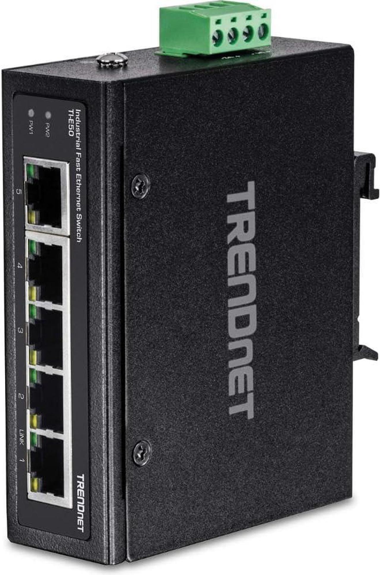 TRENDnet 5-Port Industrial Unmanaged Fast Ethernet DIN-Rail Switch, 5 x Fast Ethernet Ports, IP30, Operating Temperature Range of -40°  75°C (-40°  167°F), Lifetime Protection, Black, TI-E50