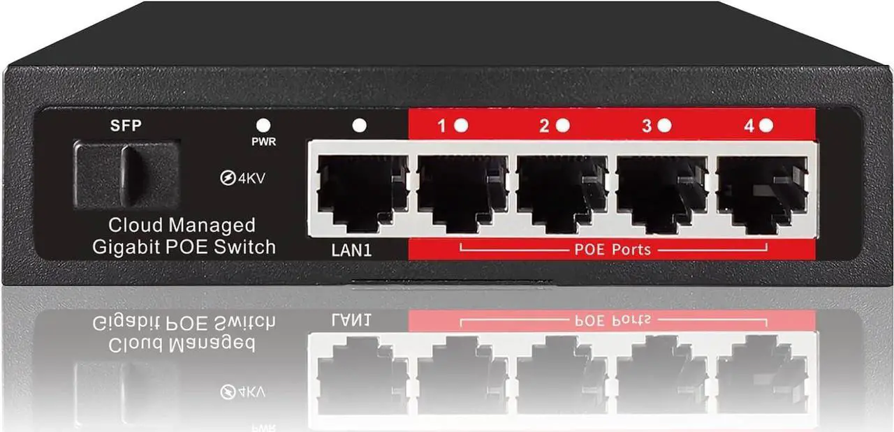 Main image of Poe Switch, 5 Port Gigabit PoE+ Switch, Cloud Managed Gigabit Ethernet Switch, 4 Poe Ports @52W, 1 Uplink Ports, 1 SFP Slot, APP Smart Managed, Overload Protection w/ Port