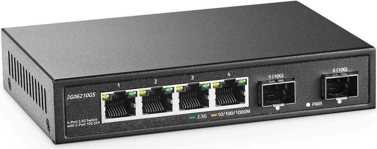 Main image of YuLinca 4 Port 2.5G Network Switch with 2x10G SFP, 4 x 2.5GBASE-T Ports, Compatible with 100/1000/2500Mbps, Multi-Gigabit Fanless Unmanaged Metal Desktop Ethernet Switch