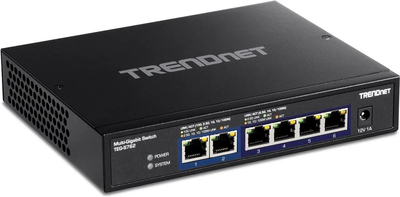 Main image of TRENDnet 6-Port 10G Switch, 4 x 2.5G RJ-45 BASE-T Ports, 2 x 10G RJ-45 Ports, 60Gbps Switching Capacity, Wall Mountable, 10 Gigabit Network Connections, Lifetime Protection, Black, TEG-S762