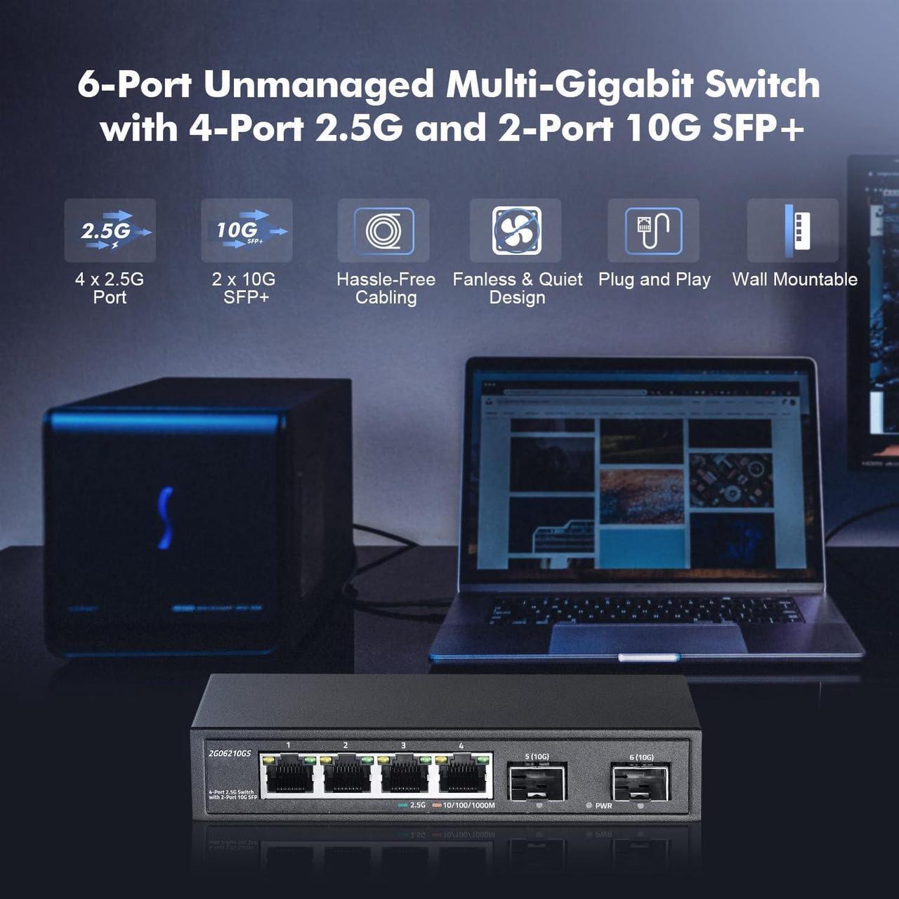 Alt view image 2 of 7 - YuLinca 4 Port 2.5G Network Switch with 2x10G SFP, 4 x 2.5GBASE-T Ports, Compatible with 100/1000/2500Mbps, Multi-Gigabit Fanless Unmanaged Metal Desktop Ethernet Switch