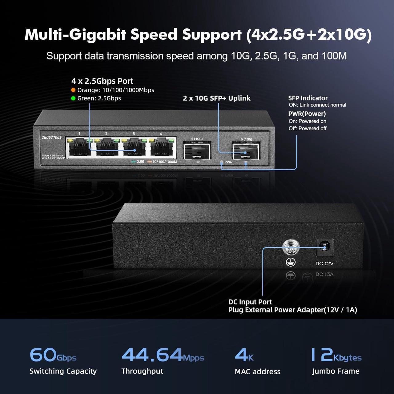 Alt view image 3 of 7 - YuLinca 4 Port 2.5G Network Switch with 2x10G SFP, 4 x 2.5GBASE-T Ports, Compatible with 100/1000/2500Mbps, Multi-Gigabit Fanless Unmanaged Metal Desktop Ethernet Switch