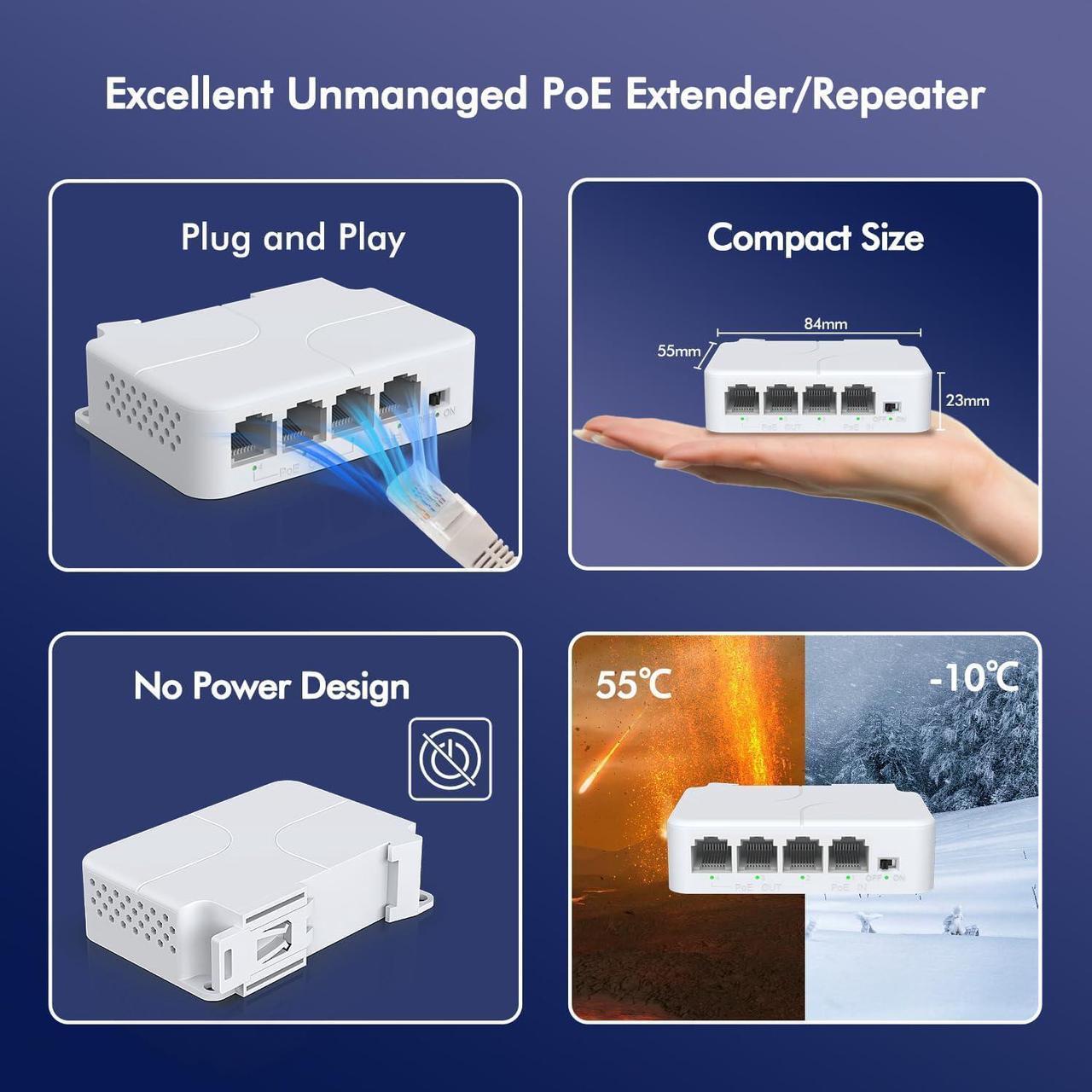 Alt view image 5 of 6 - YuanLey 4 Port PoE Extender with 3 PoE Out, IEEE 802.3af/at Mini 4 Channel PoE Repeater 100Mbps, Wall and Din Rail Mount Passthrough POE Switch/Booster, Plug and Play