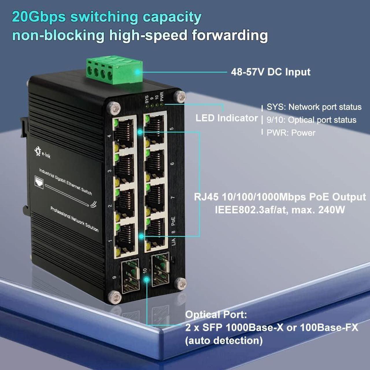 Alt view image 2 of 7 - Throncom Industrial Gigabit PoE Fiber Switch 8 Ports PoE+ Ethernet Switch with 100/1000M Adaptive 2 SFP Slots Din Rail Unmanaged 10/100/1000Mbps Small Network Switch IEEE802.3af/at 30W/240W 48-57V DC