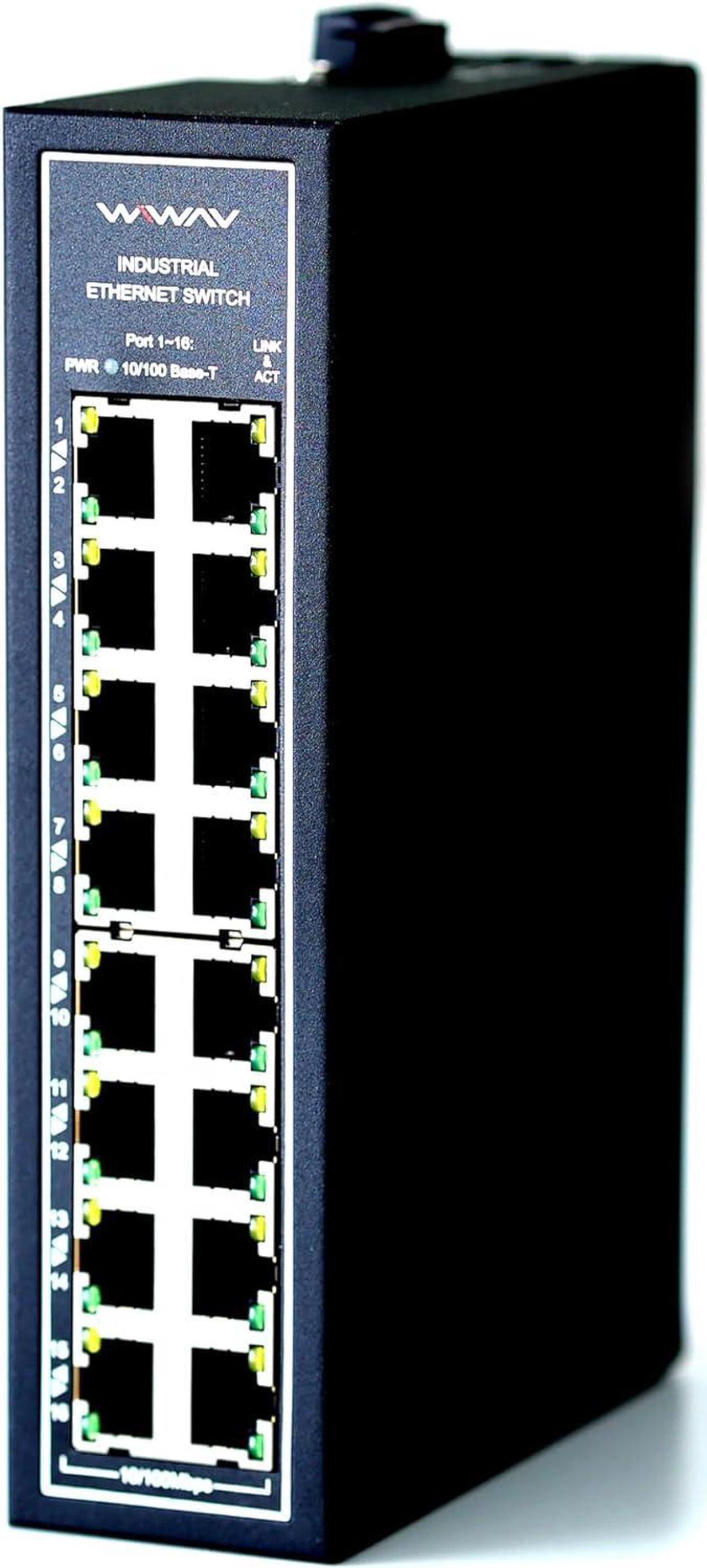 WIWAV WDH-16ET-DC 10/100Mbps Unmanaged 16-Port Industrial Ethernet Switches with DIN Rail/Wall-Mount (cUL Listed, Fanless, -30°C~75°C)