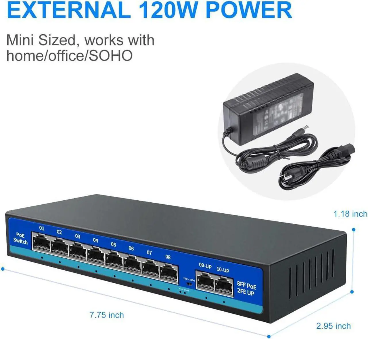 Alt view image 3 of 6 - PoE Switch with 8 PoE Ports, 2 Uplink Ports, PoE Switch for IP Cameras, Smart Power Over Ethernet Switch, 120W Built-in Power, IEEE 802.3af/at, Unmanaged, Metal Housing, Fanless Design
