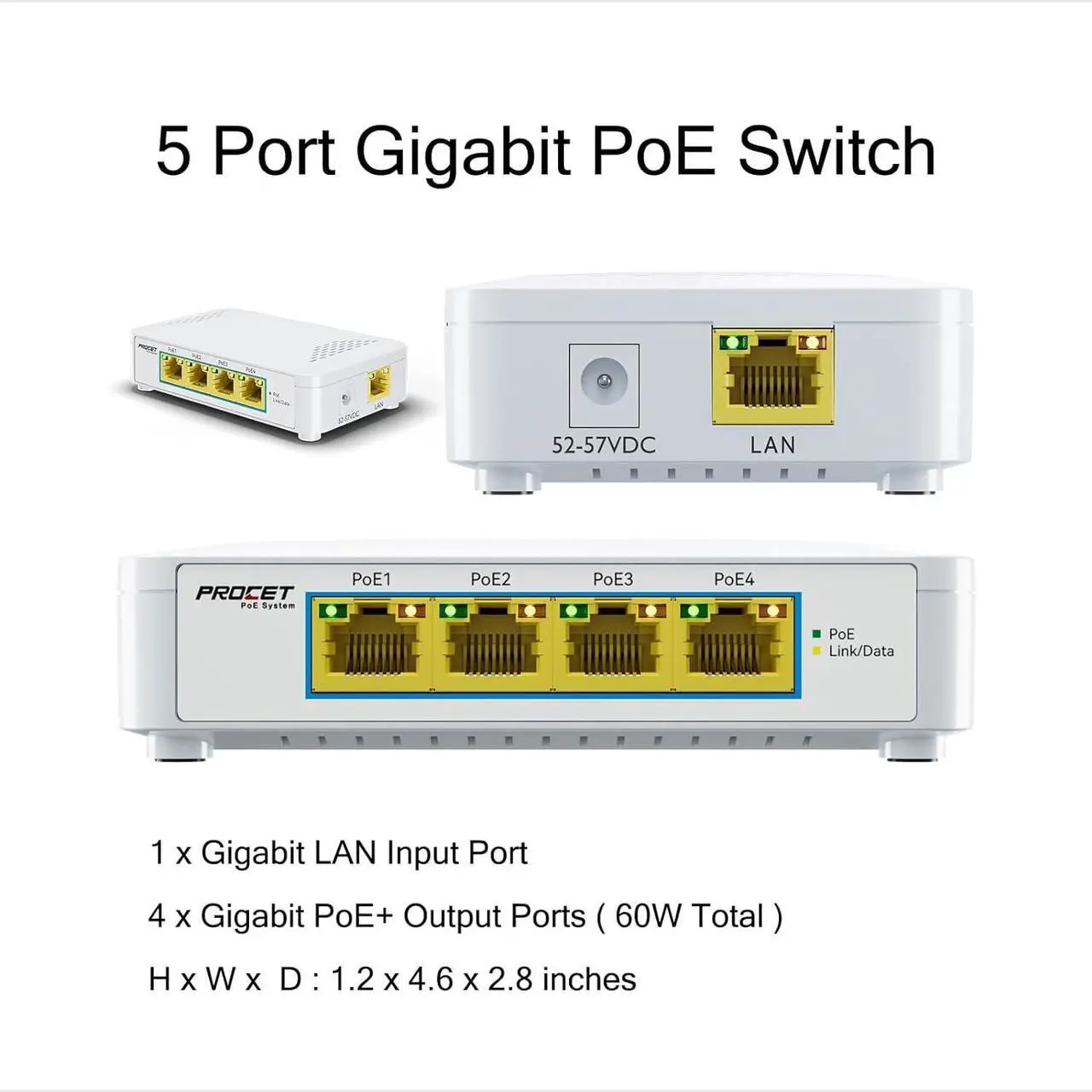 Alt view image 6 of 7 - PoE Switch 4 Port Gigabit Plug and Play, 5 Port PoE Switch with 4 PoE+ Ports 802.3af/at Compliant, Small PoE Ethernet Switch 4 Port Output 10/100/1000Mbps, Unmanaged Network Switch PoE Hub, EN-S4P