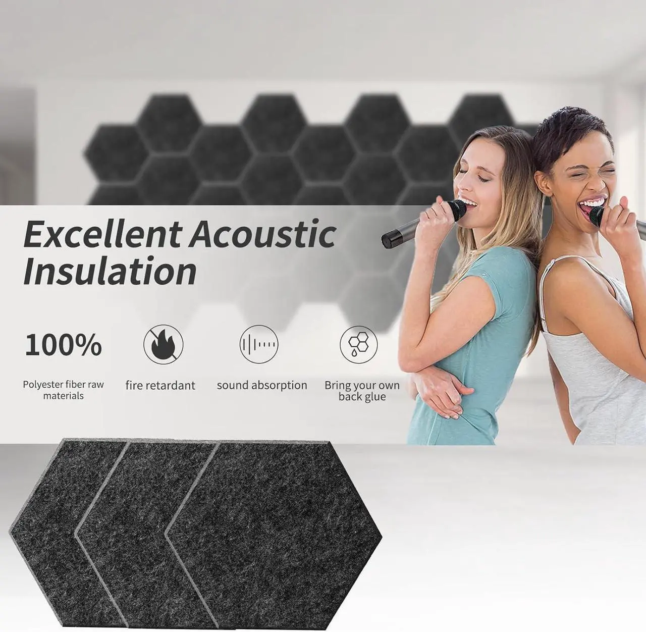 Alt view image 3 of 6 - KOIGO 8 Pack Hexagon Acoustic Panels Self Adhesive - 14" X 12" X 0.4" Soundproof Wall Panels High Density Sound Dampening Panels Decoration Tiles for Home Studio Office (Sesame Black)