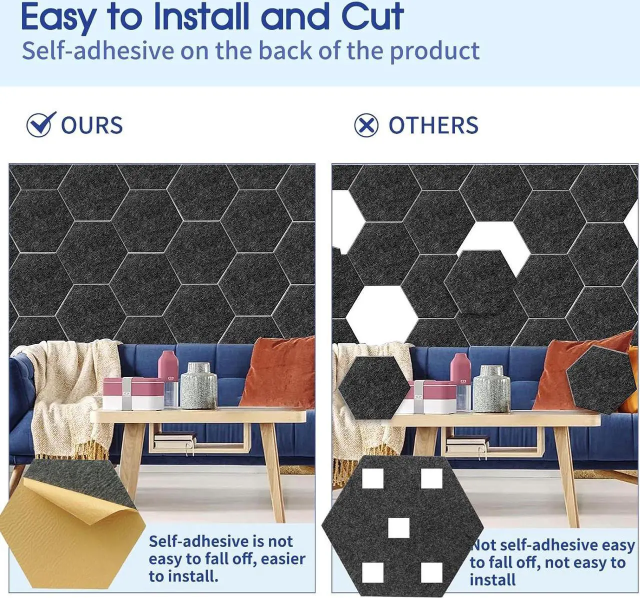 Alt view image 4 of 6 - KOIGO 8 Pack Hexagon Acoustic Panels Self Adhesive - 14" X 12" X 0.4" Soundproof Wall Panels High Density Sound Dampening Panels Decoration Tiles for Home Studio Office (Sesame Black)