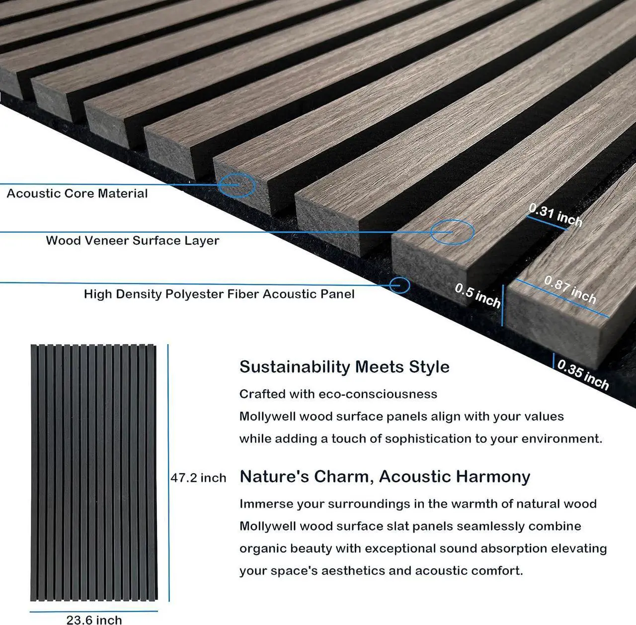 Alt view image 4 of 7 - Wood Slat Wall Panel, Easy Installation, Versatile, Enhanced Acoustic Design, Suitable for Living Room, Bedroom, Kitchen & Offices (2 Pcs, Black Walnut), 47.2x23.6x0.87 Inch Each, Mollywell