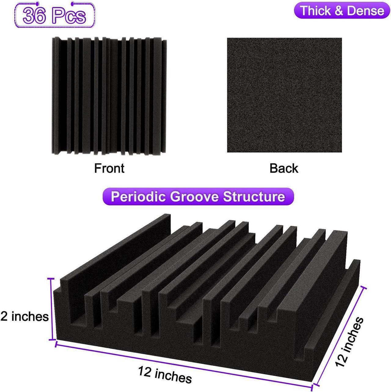 Alt view image 2 of 6 - TroyStudio Thick Acoustic Foam Panels, 12 X 12 X 2 Inch 36 Pcs Broadband Sound Absorbing Foam, Dense Soundproof Padding Tile, Recording Studio Foam Absorber, Groove Decorative 3D Wall Ceiling Panel