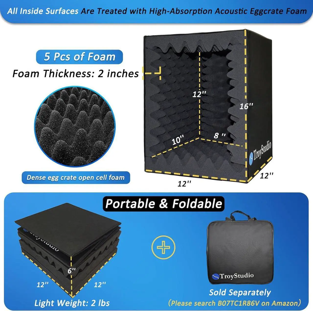 Alt view image 2 of 7 - Troystudio Portable Vocal Booth, Large Foldable Microphone Isolation Shield, Music Recording Studio Sound Echo Absorbing Box, Desk & Stand Use Reflection Filter with Thickened Dense Acoustic Foam