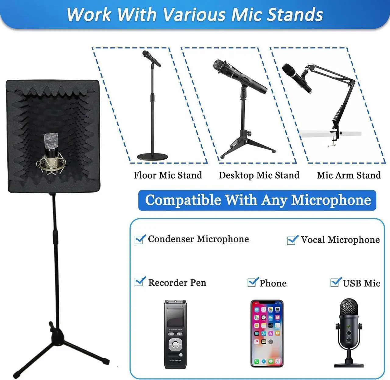 Alt view image 5 of 7 - Troystudio Portable Vocal Booth, Large Foldable Microphone Isolation Shield, Music Recording Studio Sound Echo Absorbing Box, Desk & Stand Use Reflection Filter with Thickened Dense Acoustic Foam