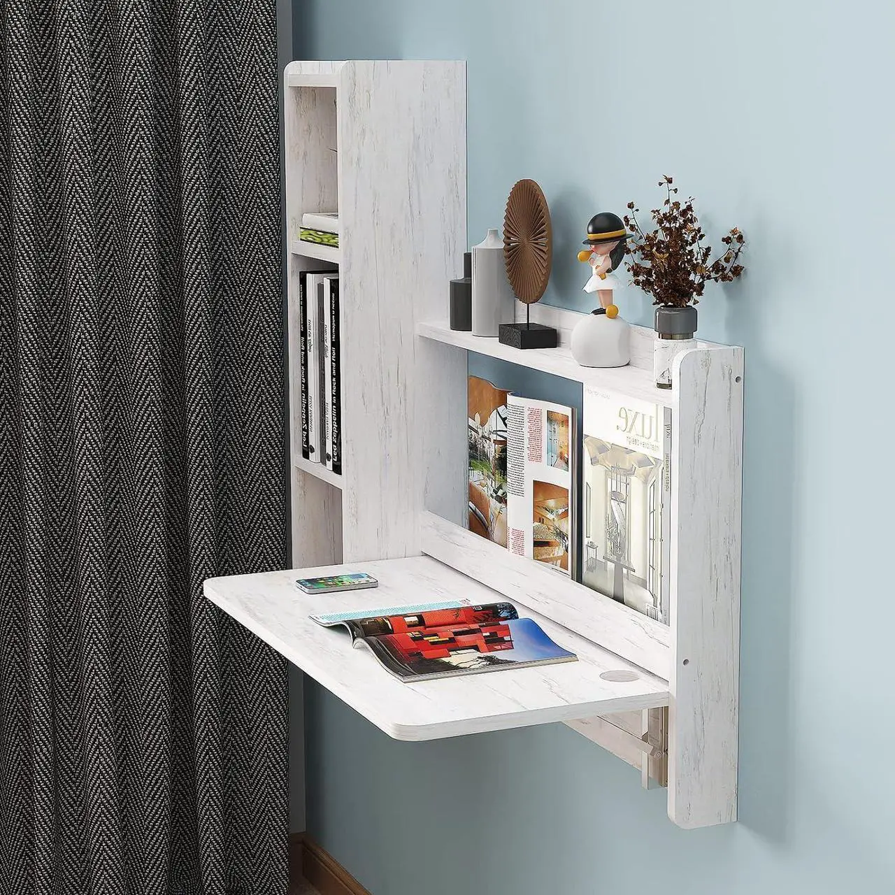 Alt view image 2 of 7 - Pmnianhua Floating Desk,41'' Wall Mounted Desk Fold Down Laptop Desk Folding Space Saving Table Workstation with Storage Shelves for Bedroom Study Room Small Space (Off White-Right)