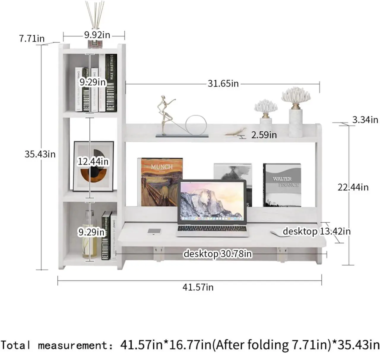 Alt view image 5 of 7 - Pmnianhua Floating Desk,41'' Wall Mounted Desk Fold Down Laptop Desk Folding Space Saving Table Workstation with Storage Shelves for Bedroom Study Room Small Space (Off White-Right)