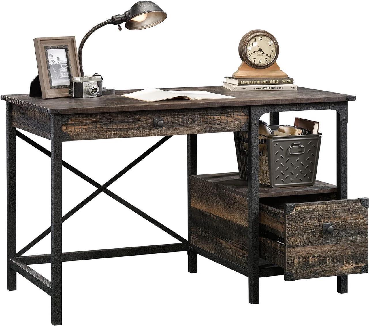 Alt view image 6 of 7 - Sauder Steel River Desk, Industrial Office Desk with Two Drawers and Open Shelf - Carbon Oak Finish