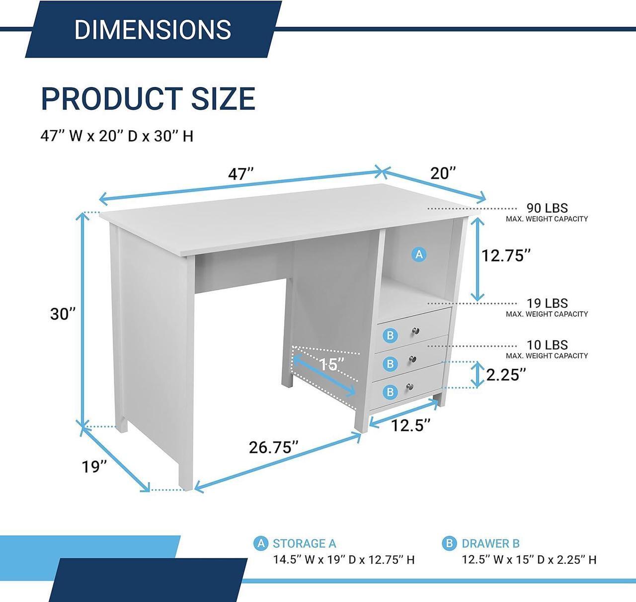 Alt view image 2 of 7 - Techni Mobili White Desk with Drawers - Small Office Desk with 3 Cabinet Drawers, Open Shelf, & Laminated Wooden Panels Office & Study Table for Bedroom & Workstations