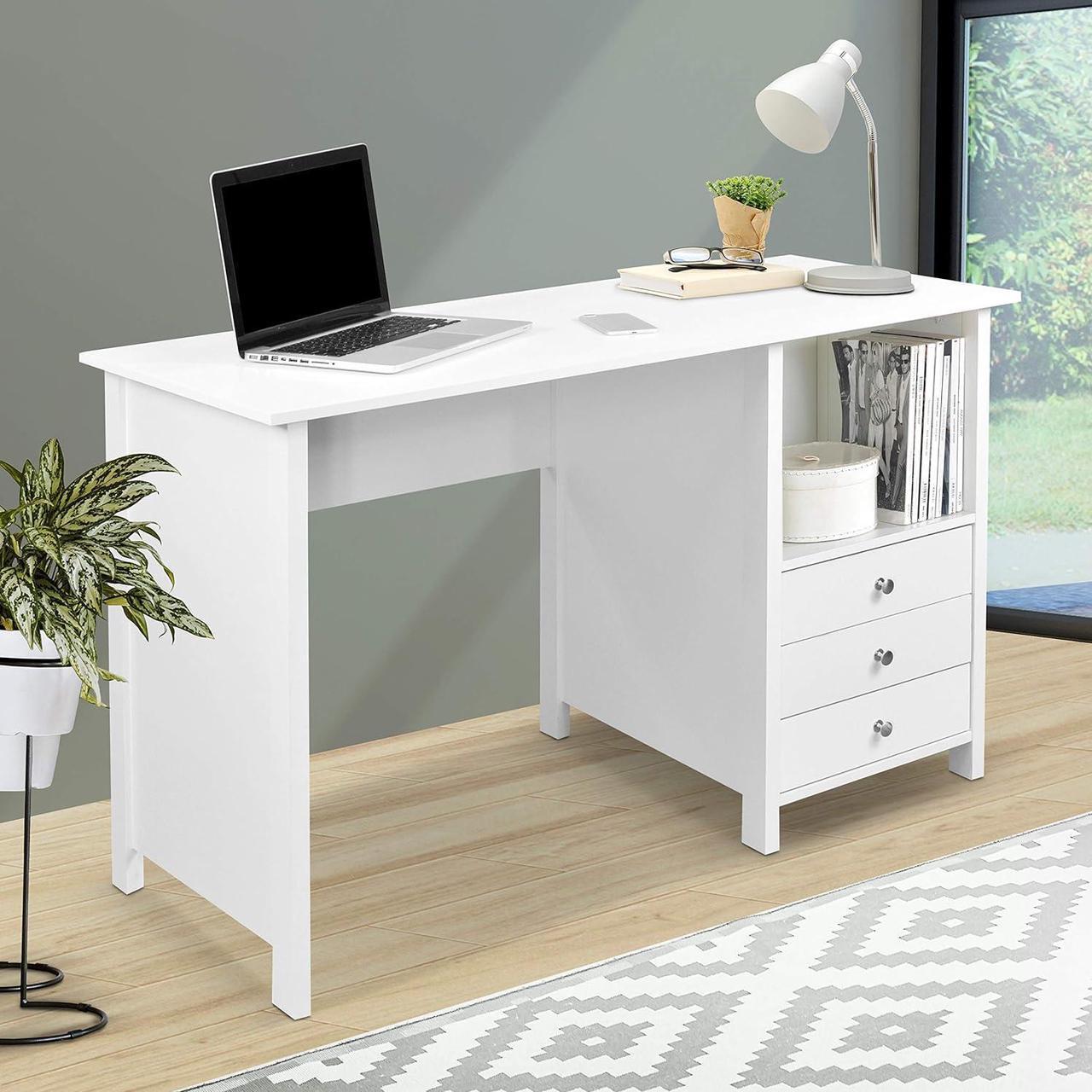Alt view image 3 of 7 - Techni Mobili White Desk with Drawers - Small Office Desk with 3 Cabinet Drawers, Open Shelf, & Laminated Wooden Panels Office & Study Table for Bedroom & Workstations