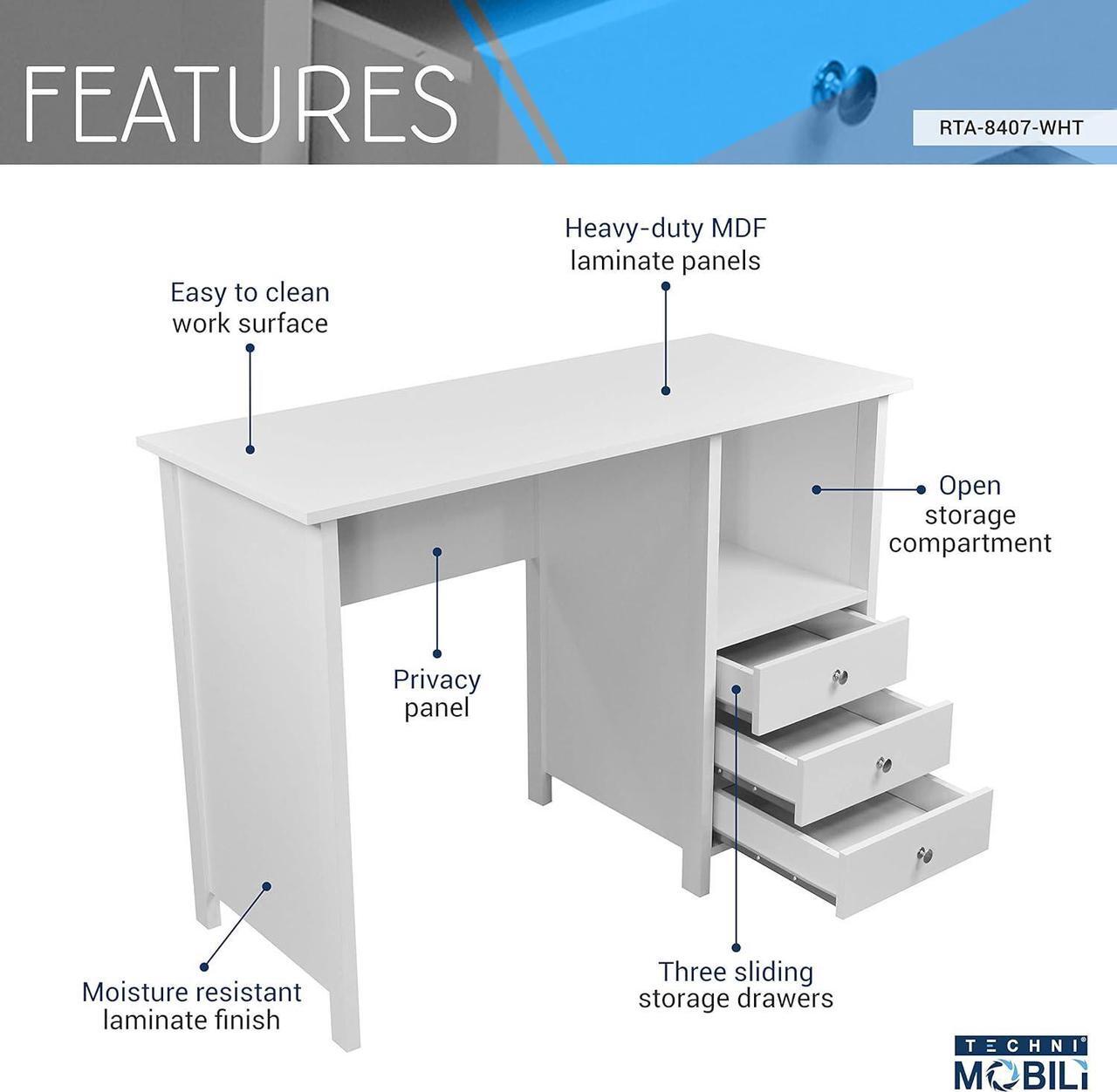 Alt view image 4 of 7 - Techni Mobili White Desk with Drawers - Small Office Desk with 3 Cabinet Drawers, Open Shelf, & Laminated Wooden Panels Office & Study Table for Bedroom & Workstations
