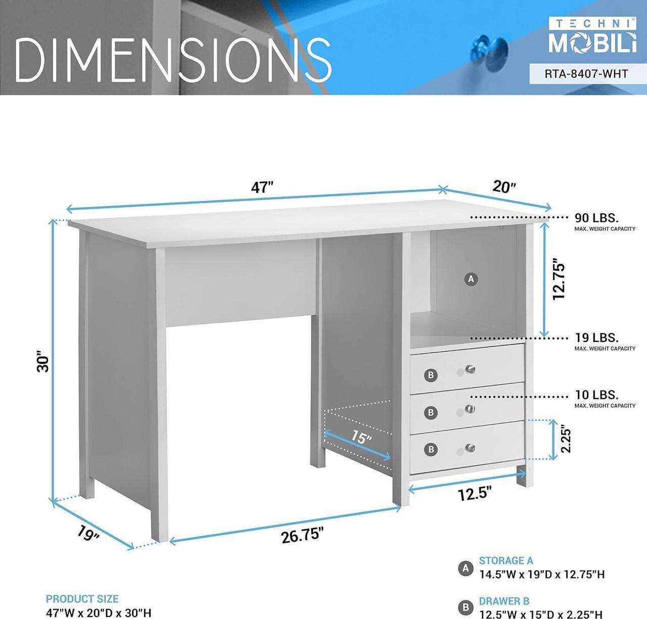 Alt view image 5 of 7 - Techni Mobili White Desk with Drawers - Small Office Desk with 3 Cabinet Drawers, Open Shelf, & Laminated Wooden Panels Office & Study Table for Bedroom & Workstations
