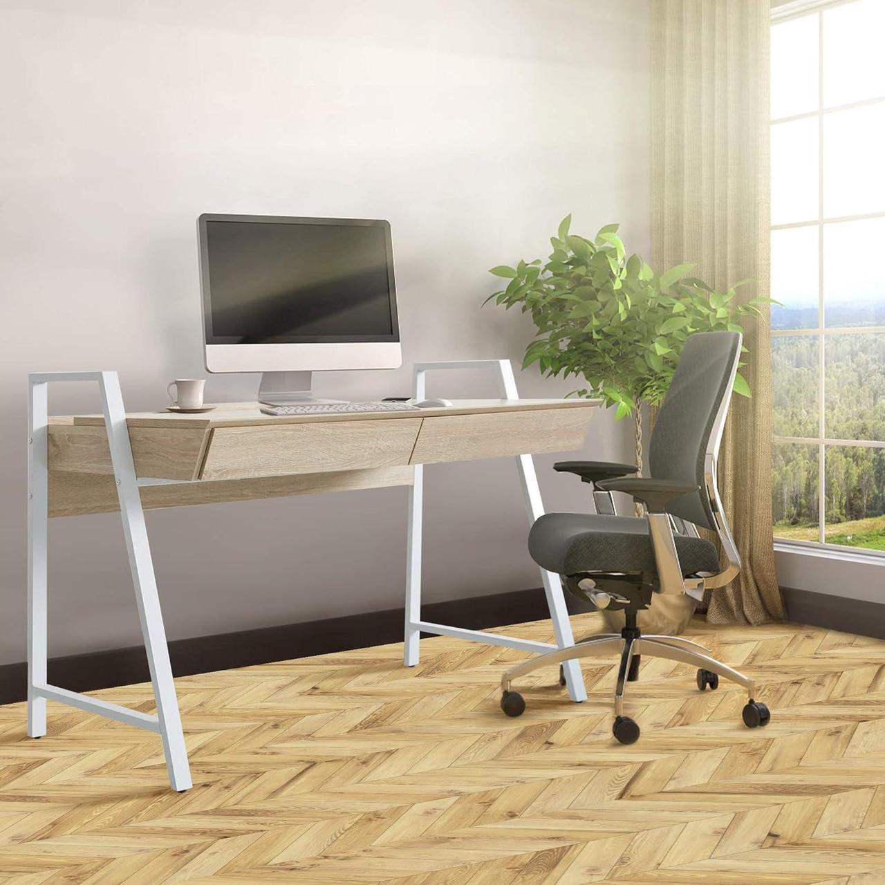 Alt view image 2 of 6 - Dporticus Wooden Computer Desk with Drawers, 50 Small Modern Home Office Writing Desk, PC Laptop Work Table with Storage, White and Oak