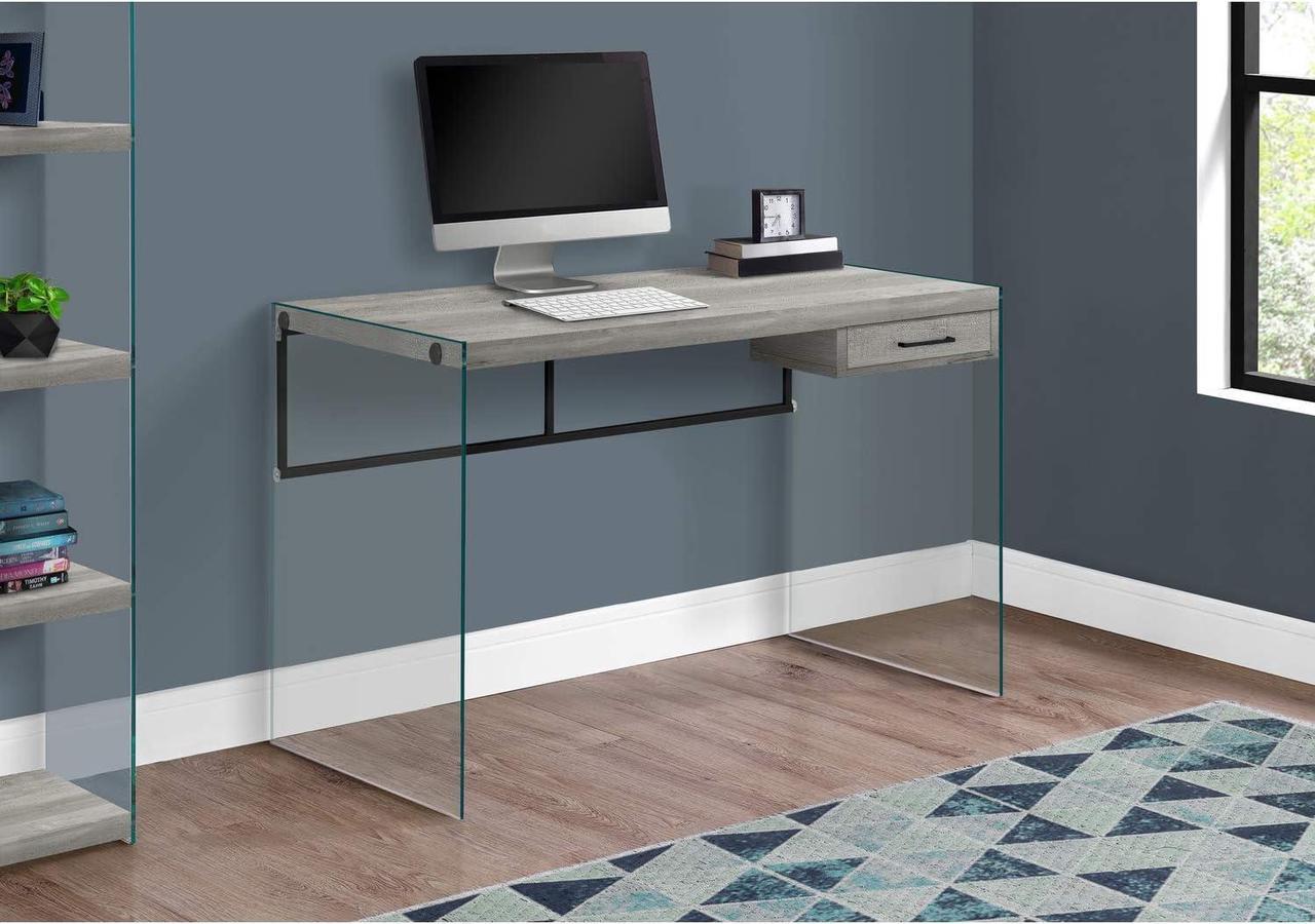Alt view image 2 of 5 - Monarch Specialties Computer Desk - Contemporary Writing Desk with Drawer - Tempered Glass Legs - 48"L (Grey Reclaimed Wood Look)