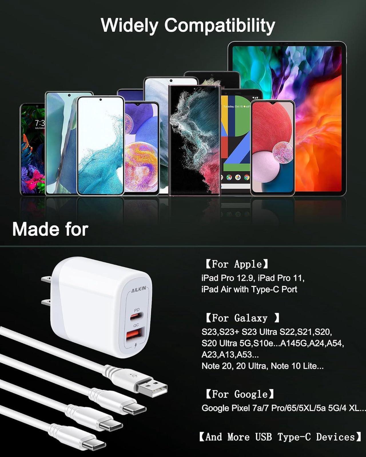 Alt view image 7 of 7 - S24 USB C Charger Fast Charging for iPhone 15 Pro Max 15Pro Plus, USBC Wall Charger + USB-C Cable for Android  Galaxy S24 S23, Google Pixel 8 Pro 7, Dual Port USB C Charger Block Cord
