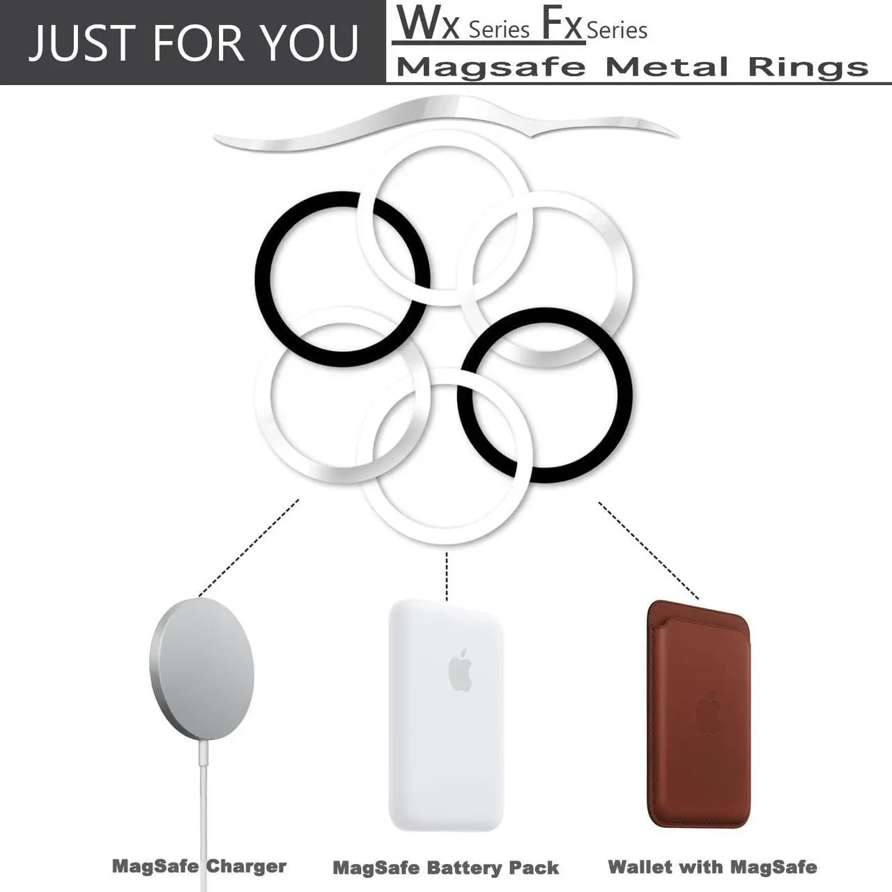 Alt view image 2 of 7 - WYNK Universal Metal Rings Compatible for Apple Magsafe Charger/Wallet/Battery Pack, Compatible with iPhone 15/14/13/12 Series(Mini/Plus/Pro/Pro Max) and Samsung Galaxy (Black+White+Sliver, 6 PCS)