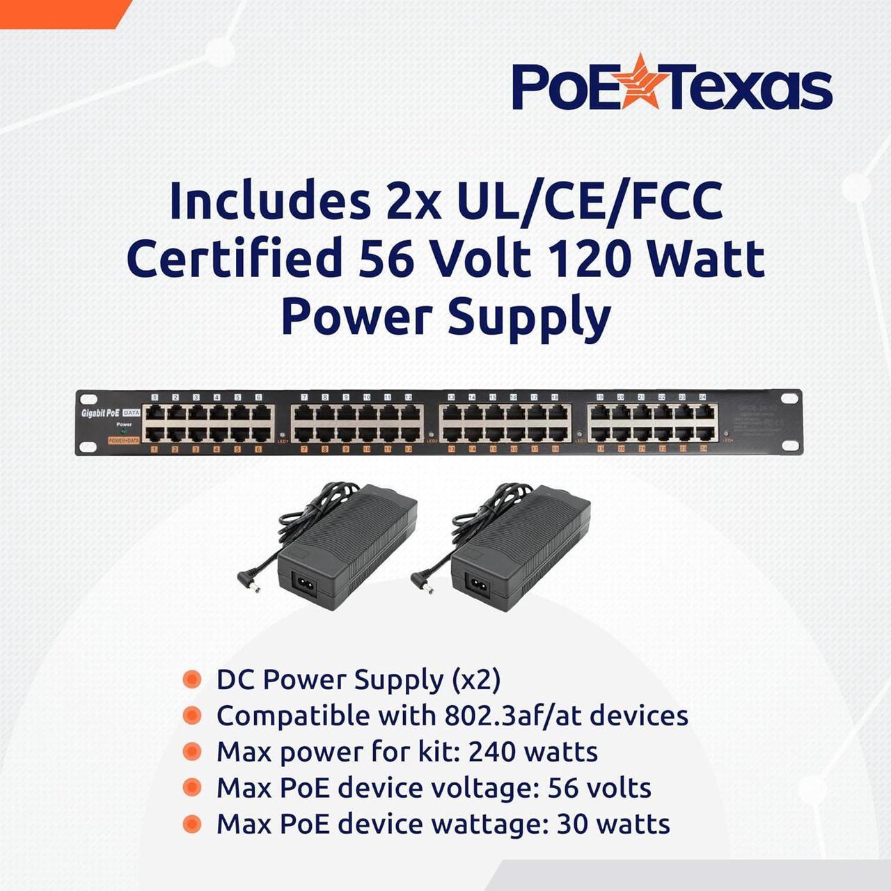 Alt view image 6 of 7 - PoE Texas 24 Port PoE Injector - Multi-Port PoE Gigabit Rack Mount Midspan for IP Cameras, Phones, WiFi AP, Add Power Over Ethernet to Non-PoE Switch or Network Router, Includes 56v 240w Power Supply