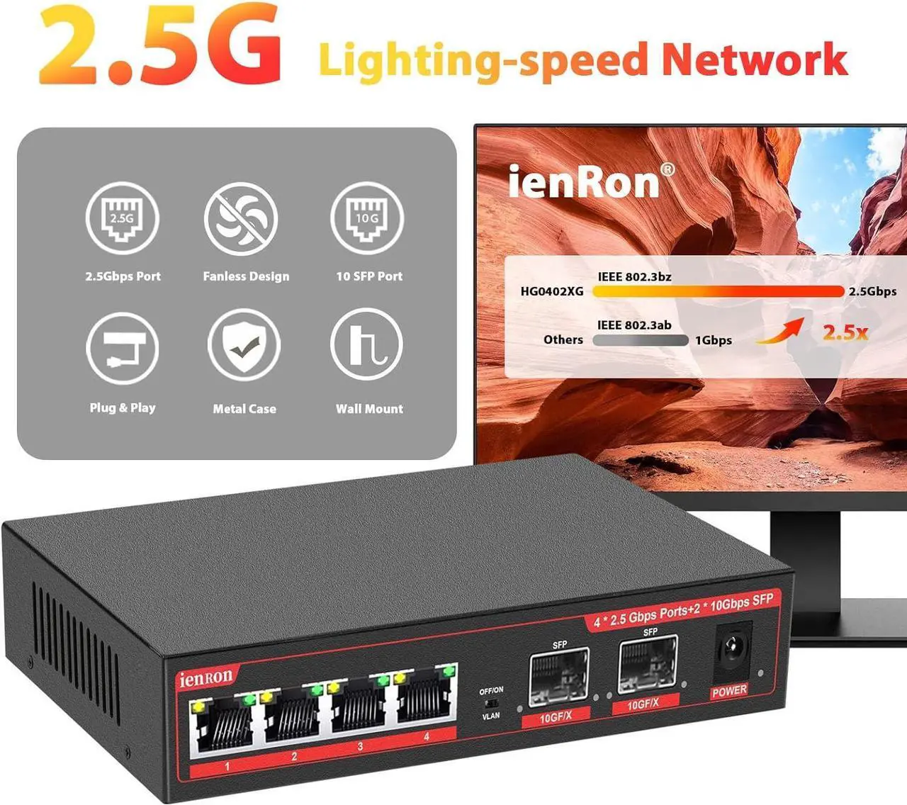 Alt view image 2 of 7 - 6 Port 2.5G Unmanaged Ethernet Switch, 4x2.5G Base-T Ports, 2x10G SFP+ Switch, 60Gbps Bandwidth, One Key VLAN| Plug & Play |Fanless Metal Design, Compatible with 100/1000/2500Mbps