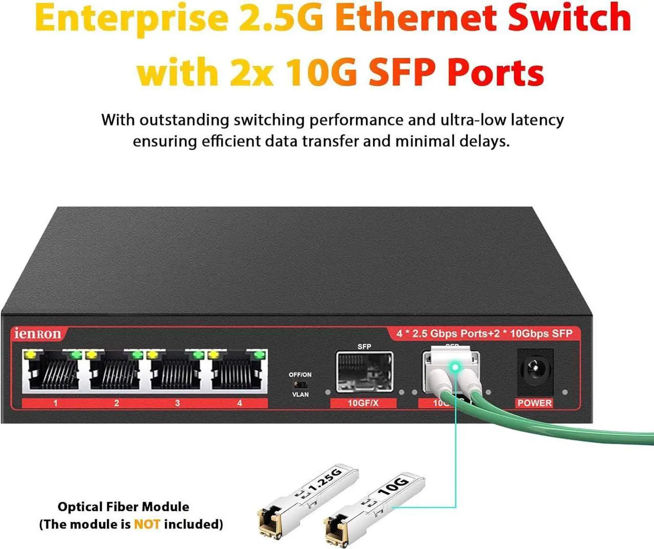 Alt view image 5 of 7 - 6 Port 2.5G Unmanaged Ethernet Switch, 4x2.5G Base-T Ports, 2x10G SFP+ Switch, 60Gbps Bandwidth, One Key VLAN| Plug & Play |Fanless Metal Design, Compatible with 100/1000/2500Mbps